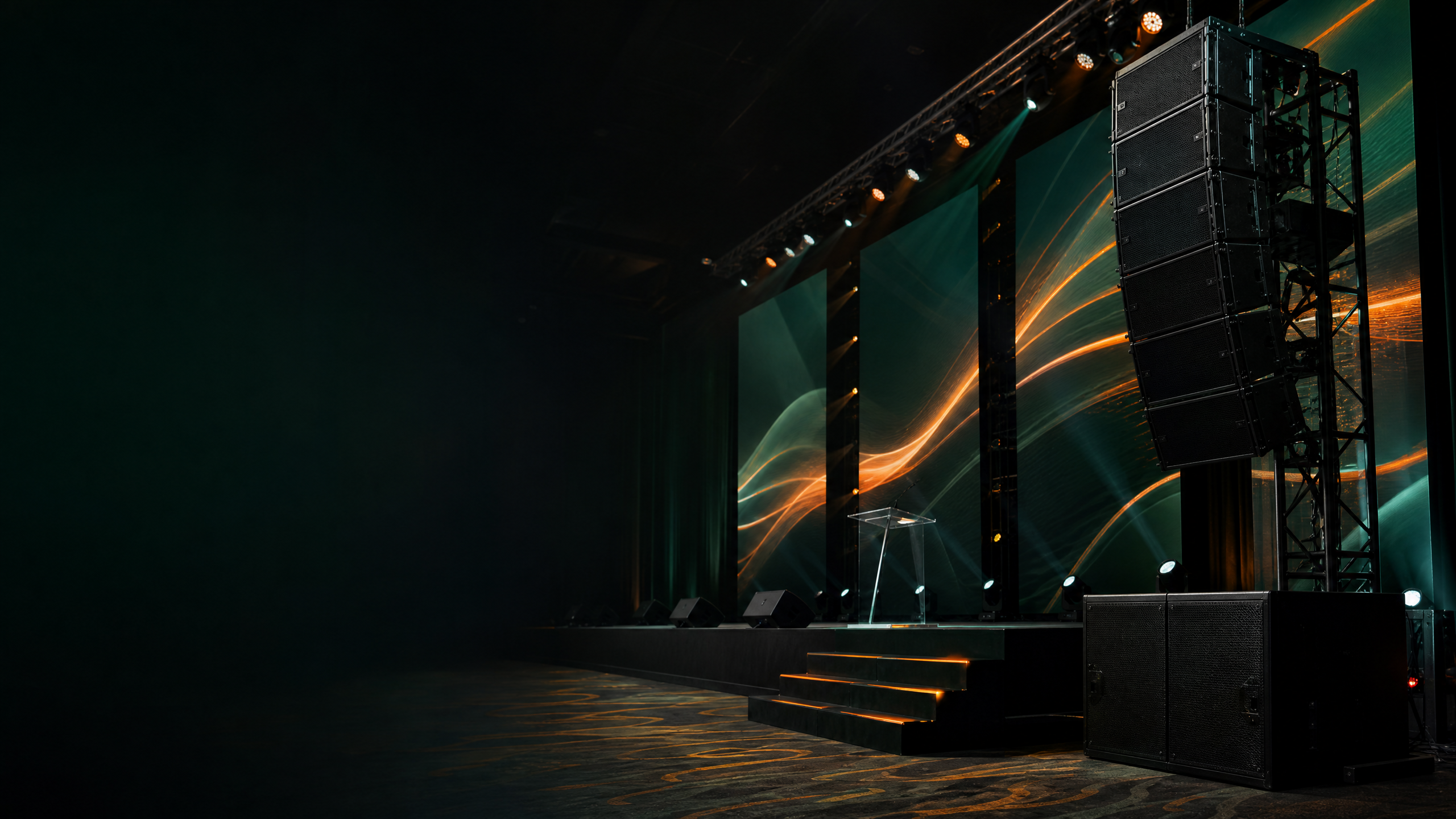Setup event teknikal dengan LED display, sistem audio dan lighting