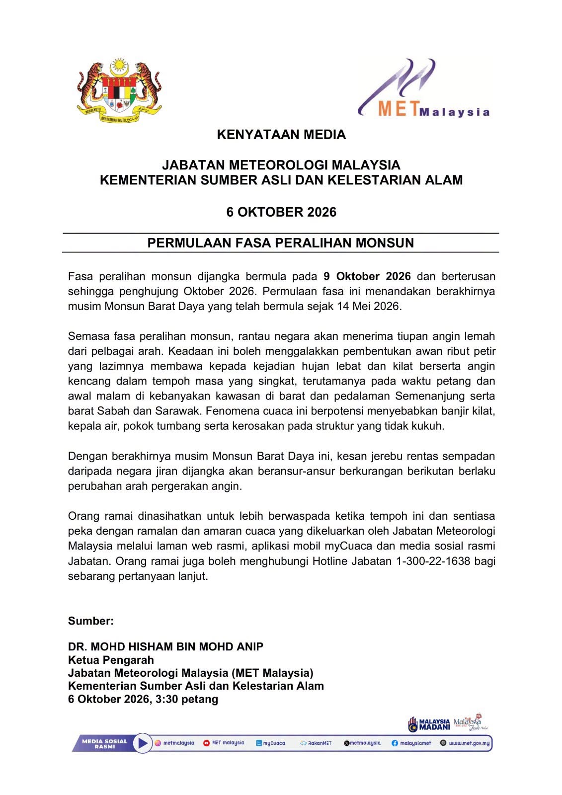 FASA PERALIHAN MONSUN BERMULA 9 OKTOBER, HUJAN LEBAT DAN RIBUT PETIR DIJANGKA